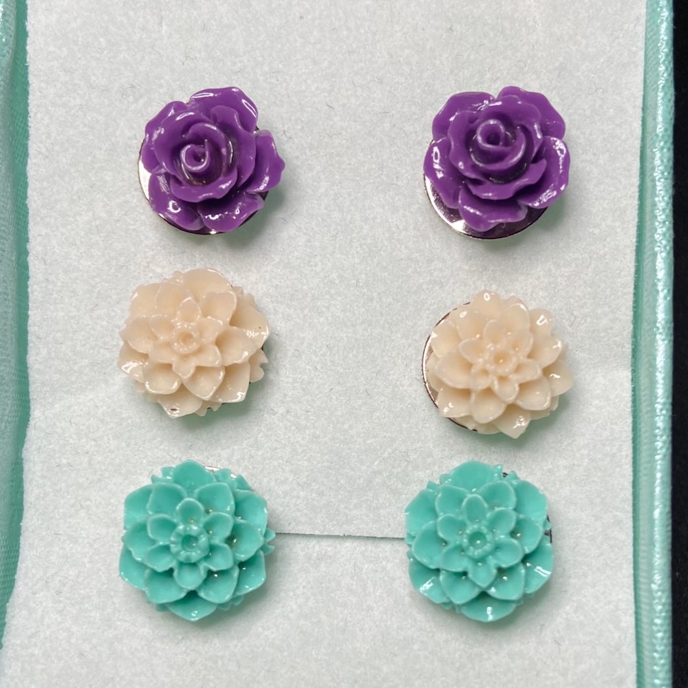 Lotus Flower & Rose Stud Earrings (Set of 3)